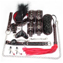 Bộ dụng cụ bạo dâm BDSM 10 món bọc da cao cấp - vân đỏ